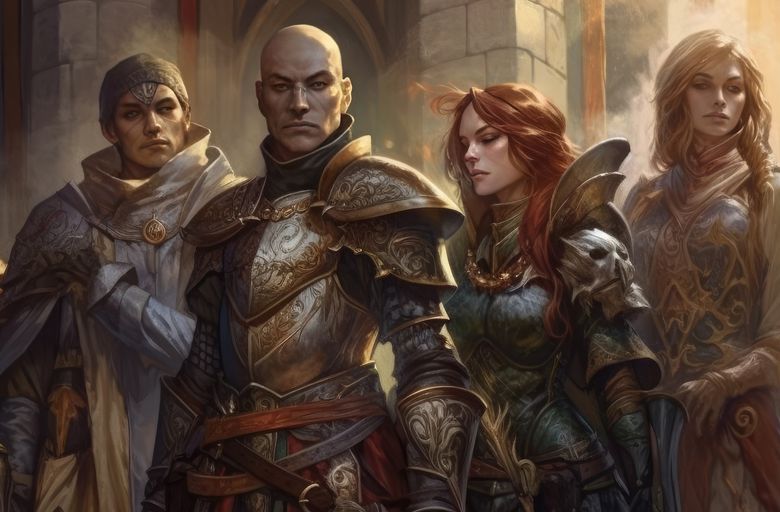 Five members of a party of various classes standing in a city street with castle walls behind them.