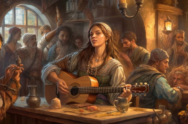 A bard is looking directly at the camera with a mischievous gaze while several patrons of a bustling tavern are captivated by her performance.