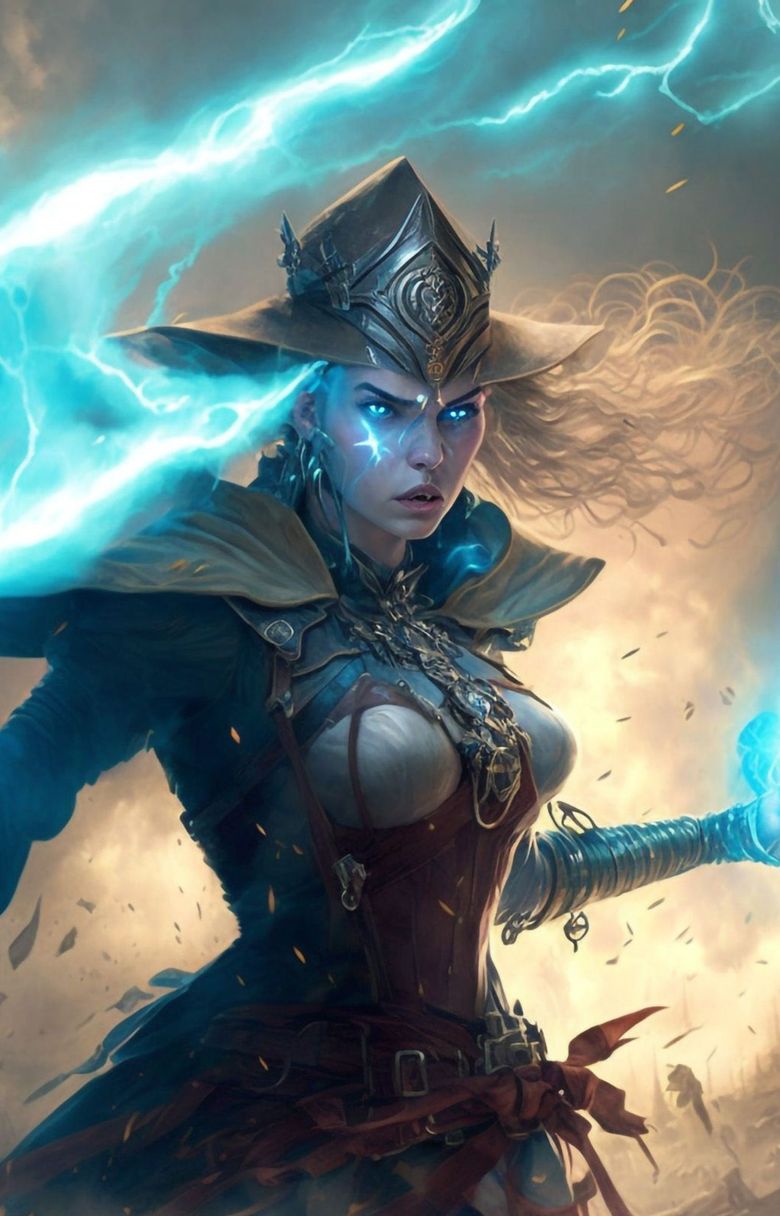 A female mage casting a lightning spell in the middle of a hectic battlefield - fantasy art.